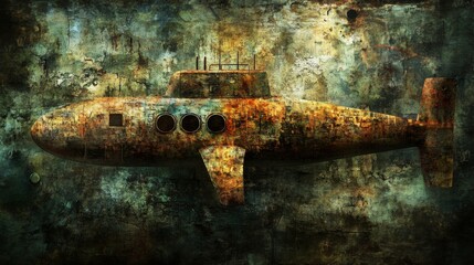 Fototapeta premium Rusty Submarine Underwater Scene with Textured Background and Vintage Art Style Representing Maritime Exploration and Historical Technology