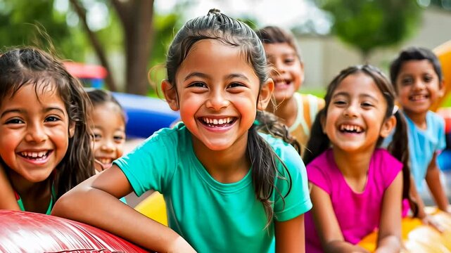 A lively group of young Latin girls, aged 5-8, share bright smiles while playing at a bounce house party in the afternoon. The scene radiates happiness and carefree joy in vibrant outfits.
