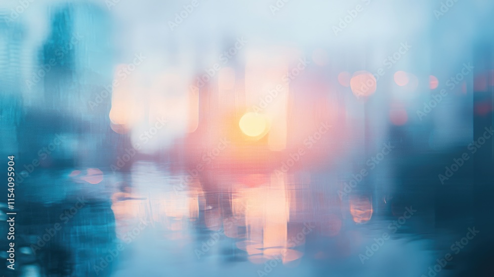 Poster Blurry morning sun reflection through wet glass creating a dreamy atmospheric background with urban hints of light and color