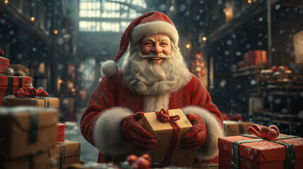 Santa joyfully wrapping gifts in a warm and cozy warehouse with soft lighting and a wintery ambiance, with boxes of presents scattered around