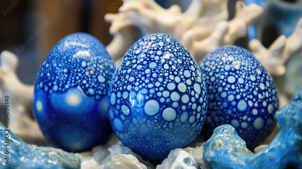 Poster Decorative blue ostrich eggs displayed artistically on a textured surface with a vibrant color palette and unique patterns