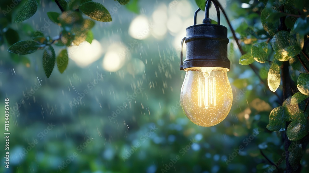 Poster illuminated vintage light bulb hanging amidst lush greenery in a serene outdoor setting with a softl