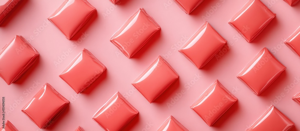 Poster Red gift boxes arranged in a modern flat lay design against a soft pink background creating a trendy minimalistic aesthetic.