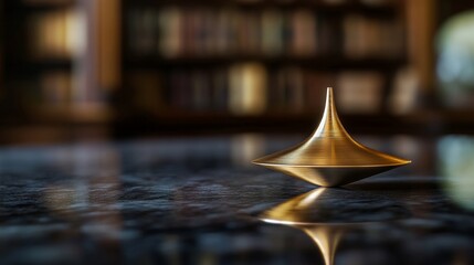 Golden Spinning Top Reflects Light on a Dark Table in Focused View