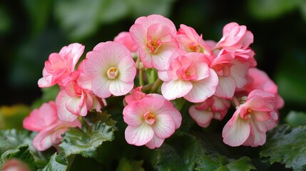 Fototapeta premium Beautiful close-up of pink and white begonia flowers on lush green foliage showcasing delicate petals and vibrant colors in natural light