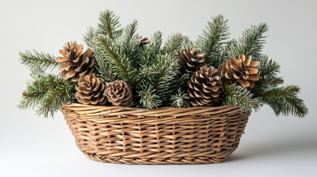 Winter decoration featuring pine and fir cones arranged in a wicker basket showcasing natural elements for seasonal decor