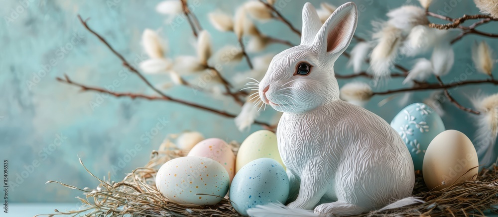 Aufkleber easter decorations featuring a white rabbit surrounded by colorful eggs in a natural nest setting wi