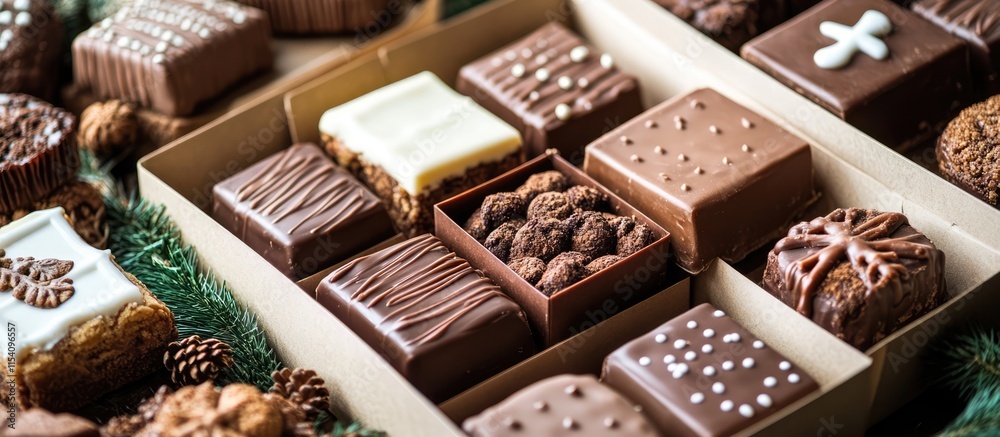 Poster assorted homemade fudge and gingerbread cookies elegantly packed in eco-friendly paper boxes surroun