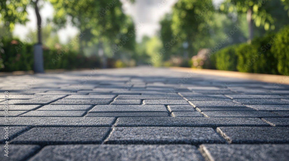 Poster Stylish outdoor concrete block paving in a serene park setting with lush greenery and soft sunlight filtering through the trees