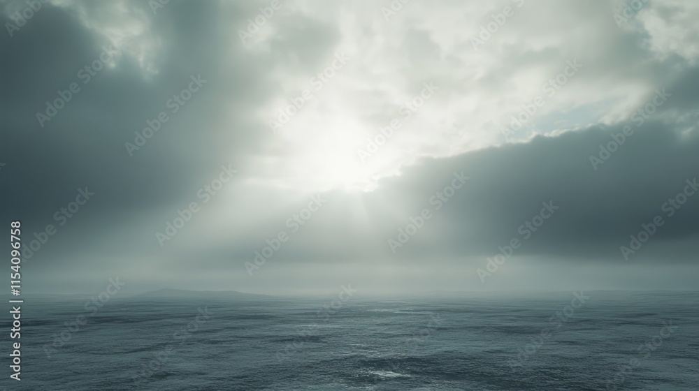 Poster serene overcast sky with thick clouds and a glimpse of sunlight illuminating a tranquil ocean scene.