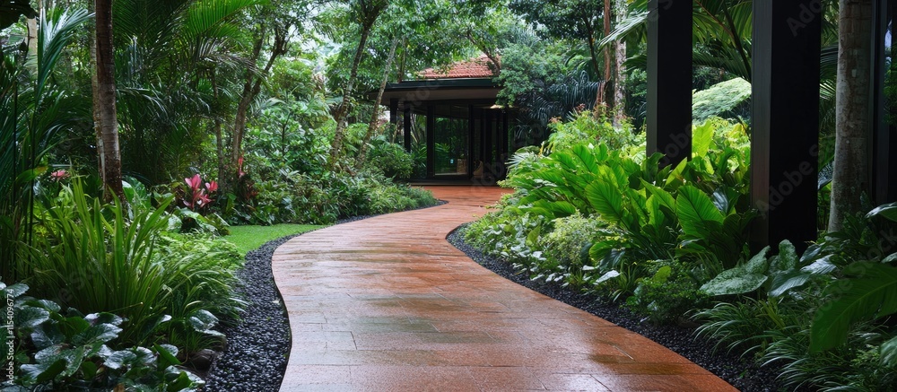 Poster serene winding pathway surrounded by lush greenery in a vibrant tropical rainforest setting