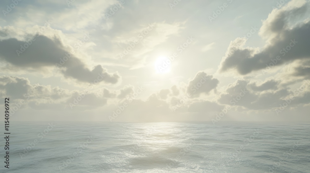 Aufkleber Serene ocean scene under an overcast sky with soft clouds and subtle sunbeams illuminating the tranquil water surface.