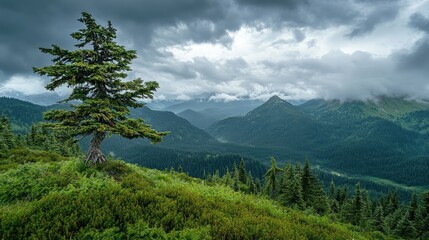 Lone pine tree against a dramatic cloudy sky overlooking lush green mountainous landscape