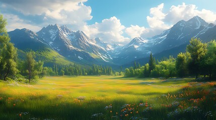 Obraz premium Sunlit meadow with wildflowers nestled in a valley between snow-capped mountains.