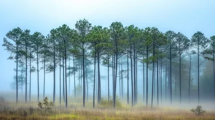 Selbstklebende Fototapeten Majestic pine forest silhouetted in ethereal fog creating a serene and tranquil atmosphere for nature enthusiasts and landscape photography. © VirtualVista