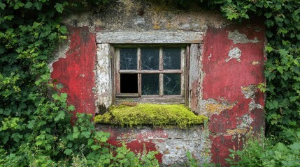 Weathered exterior wall with damaged paint and overgrown moss framing an old window surrounded by lush greenery and nature.