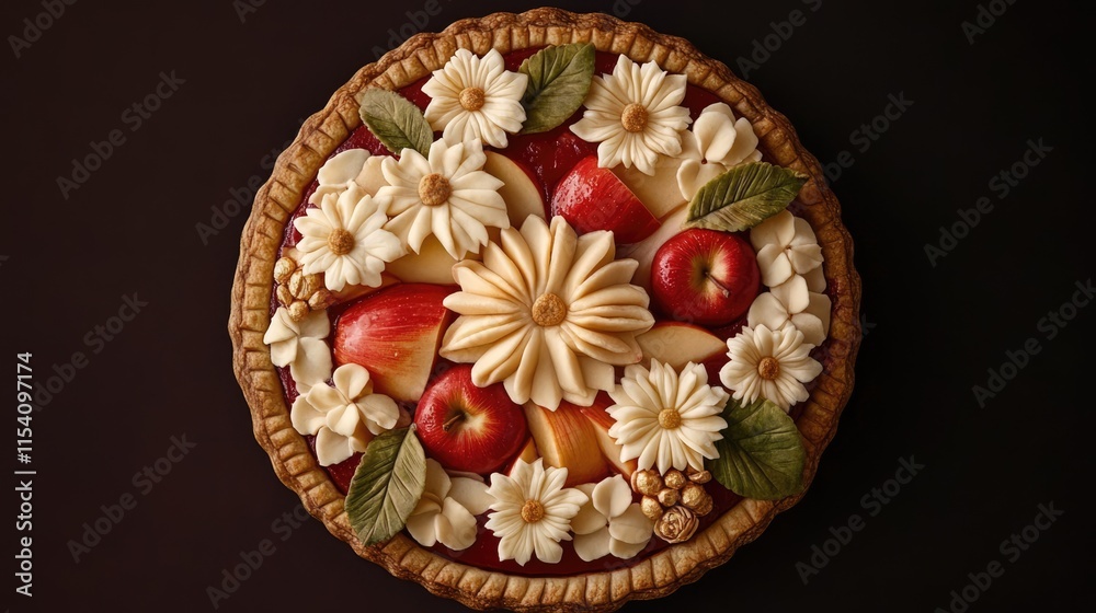 Poster decorative apple pie topped with flowers and fruits viewed from above on a dark background for a cul