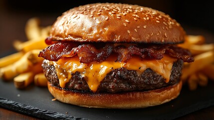 Delicious Bacon Cheeseburger with Crispy Fries
