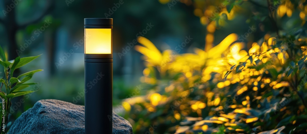 Aufkleber elegant outdoor lamp illuminating a serene garden setting with soft bokeh effects enhancing natural 