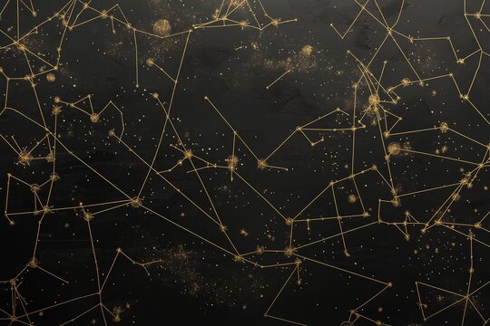 A minimalist depiction of constellations traced in golden lines on a black canvas