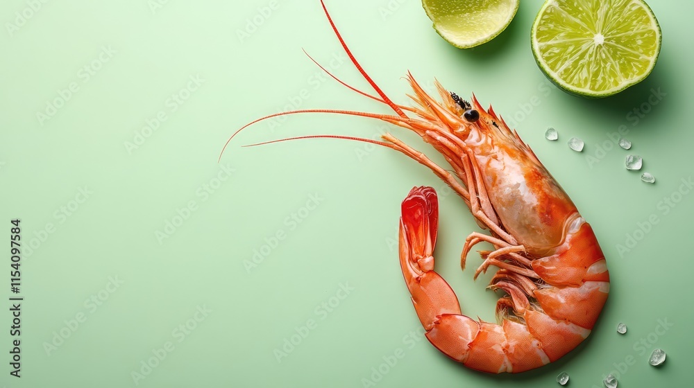 Aufkleber fresh prawn and lime slices arranged on a soft green surface with water droplets for a vibrant culin