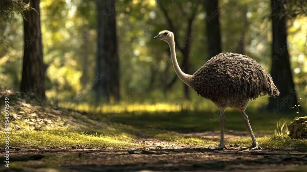 Poster Ostrich walking through a sunlit forest path surrounded by lush greenery and trees in a serene natural park setting