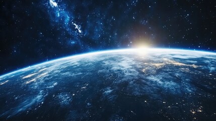 Naklejka premium Planet Earth in outer space during sunrise showcasing cosmic beauty and stellar elements in a breathtaking sci-fi atmosphere