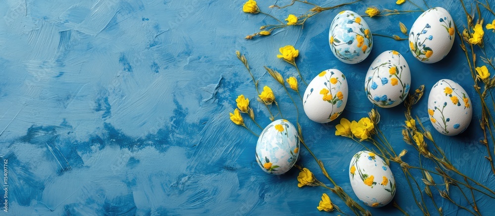 Poster painted easter eggs with yellow flowers on blue backdrop symbolizing spring holiday vibrant colors a
