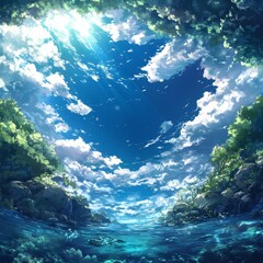 Majestic Blue Sky Framed by Lush Greenery and Calm Waters Creates a Serene Natural Scene in a Tranquil Landscape