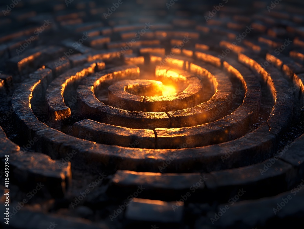 Poster aerial view of a mystical spiral labyrinth with a glowing center surrounded by smoke and shadows, ev