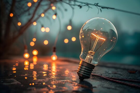 A glowing vintage incandescent light bulb with a visible filament - Powered by Adobe