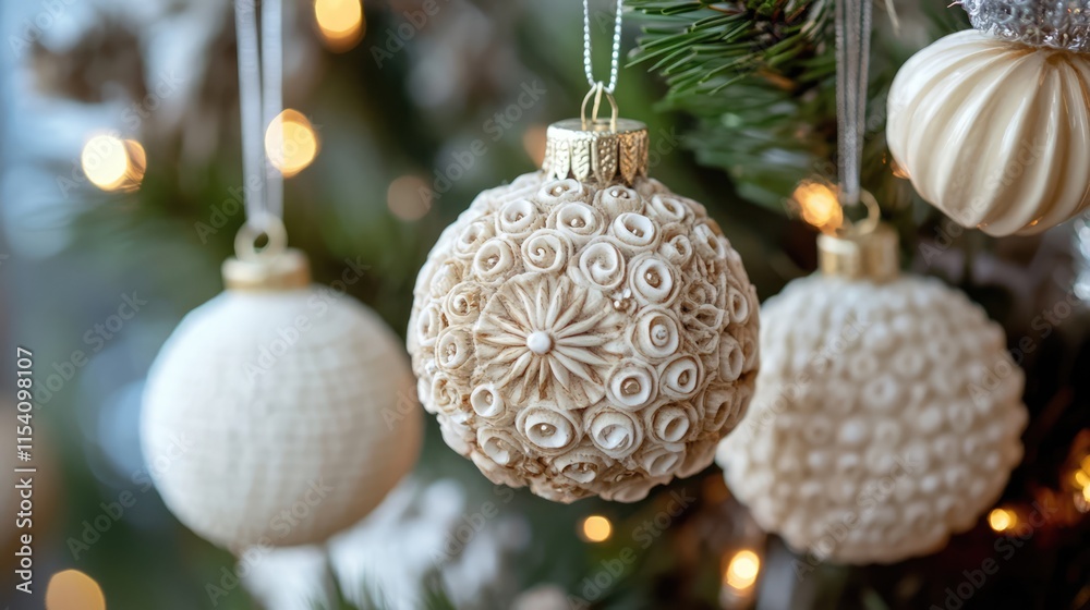 Poster elegant decorative ornaments hanging on a festive tree creating a serene and sophisticated atmospher