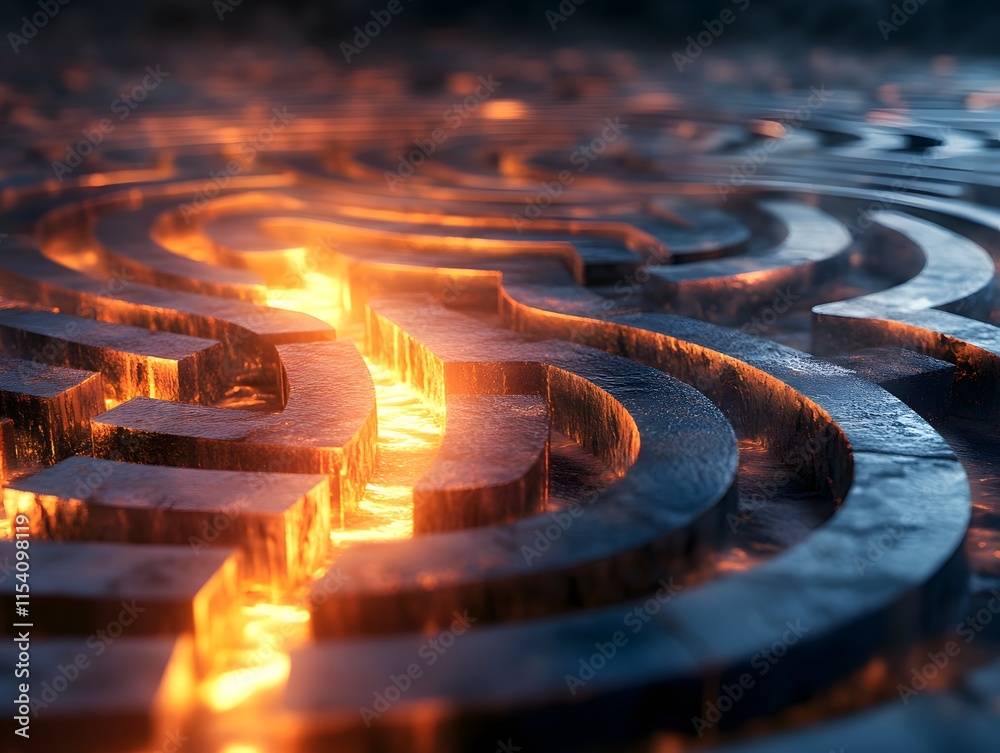 Poster Intricate Patterns of Flowing Lava Highlight Structural Details of a Modern Maze Formation that Glows with Warm, Fiery Light in a Mysterious Environment