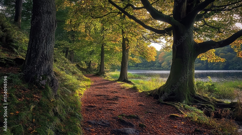 Poster Serene forest path with autumn foliage leading to a tranquil lake surrounded by lush greenery and sunlight filtering through the trees.