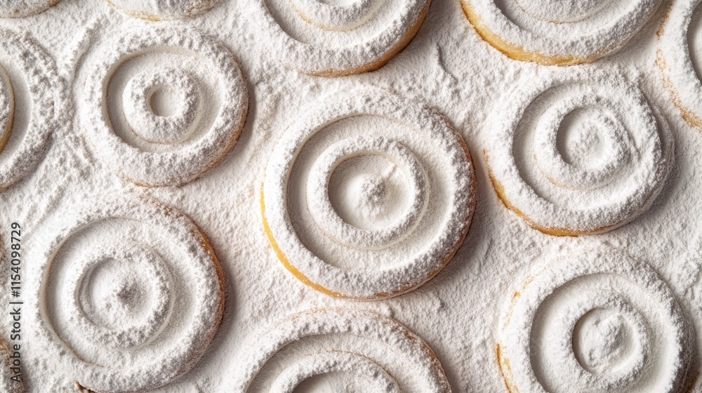 Poster Delicate round pastries dusted with powdered sugar arranged in a visually pleasing pattern on a white surface.