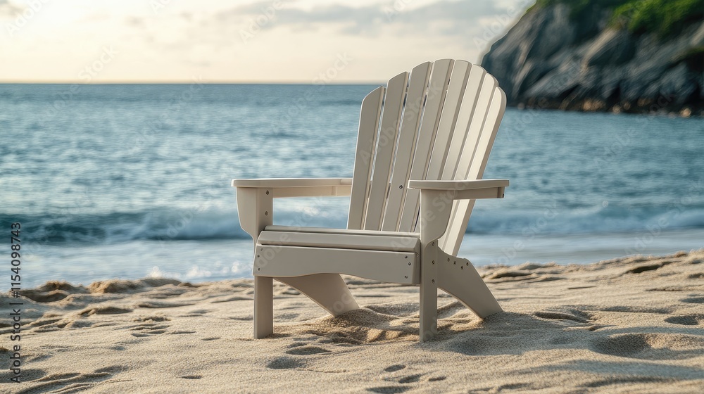 Poster adirondack chair on sandy beach at sunset with ocean waves in the background creating a serene and t