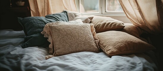 Elegant vintage pillows arranged on a cozy bed with soft natural light enhancing a serene and inviting bedroom atmosphere