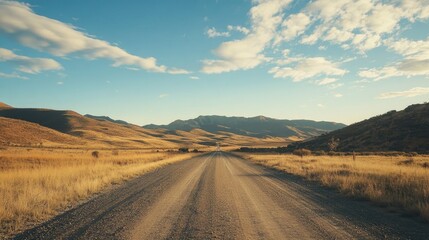 Fototapeta premium Scenic outback road under a clear blue sky surrounded by mountains and golden grasslands on a bright sunny day