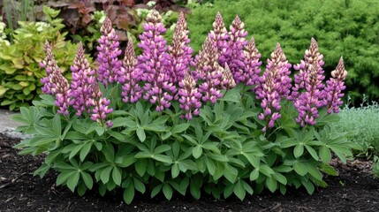 Obraz premium Vibrant Pink and Purple Lupin Flowers Blooming in a Lush Garden Landscape