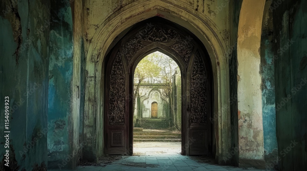 Poster intricate arched doorway showcasing the rich history and architecture of an abandoned monastery illu