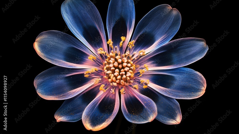 Poster osteospermum flower in vibrant blue and purple hues showcasing intricate details against a black bac