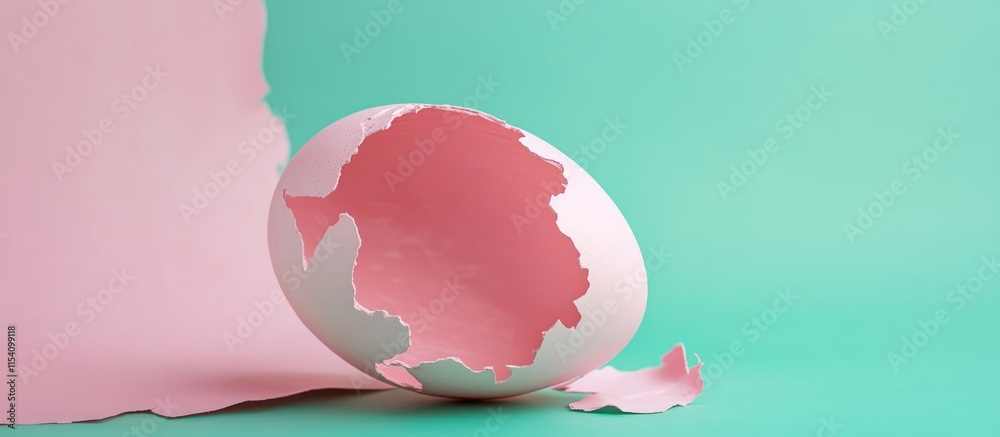 Aufkleber Surreal eggshell shape on emerald backdrop with torn pink paper showcasing creativity and artistic minimalism in object design