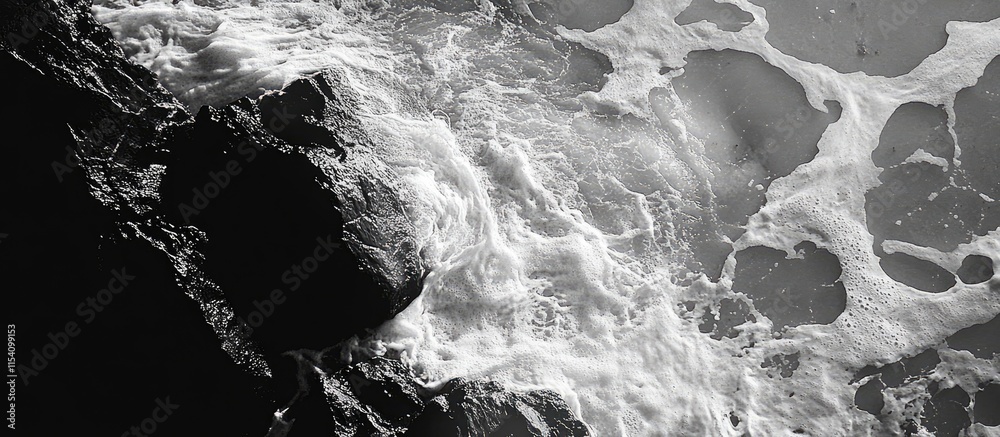 Aufkleber Overhead view of ocean waves crashing against rocks creating ripples and foam in a dramatic black and white beach scene