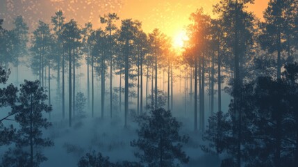 Obraz premium Pine forest bathed in warm sunset glow with snowflakes floating in the air creating a serene winter atmosphere