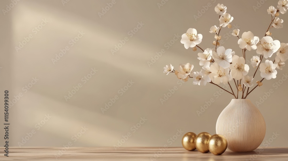 Poster minimalistic design composition featuring a vase with paper flowers and gold decorative balls on a w