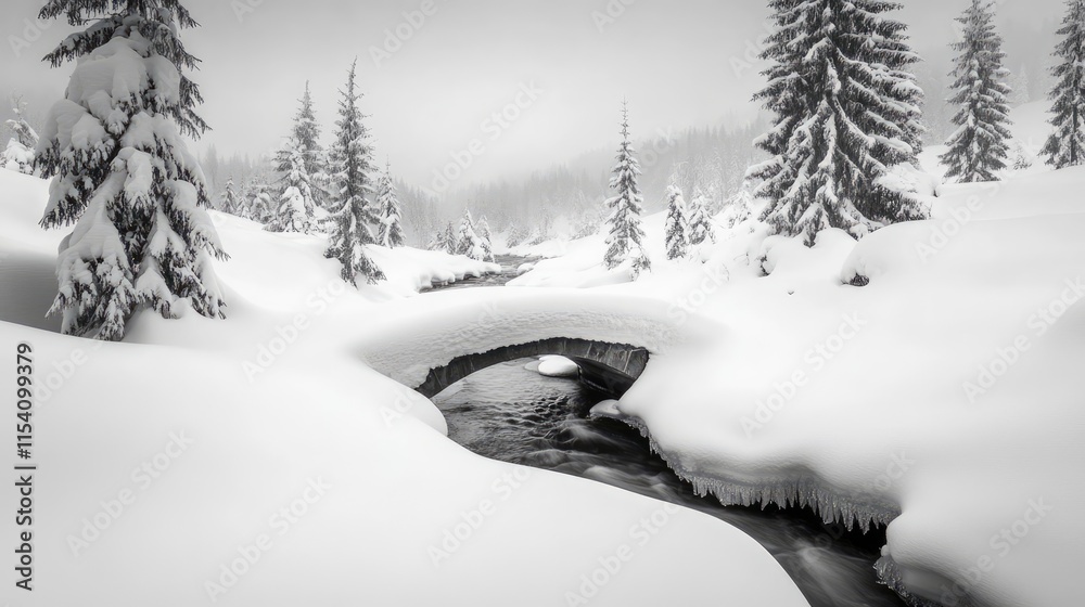 Poster serene winter landscape with a snowy bridge over a brook surrounded by evergreen trees and freshly f