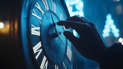 A hand adjusting a countdown clock with a determination to fulfill dreams as the seconds tick away
