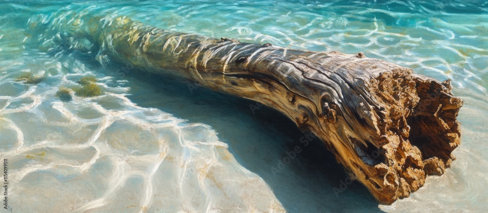 Aufkleber Tree trunk partially submerged in clear water creating a serene natural landscape scene with reflections and textures.