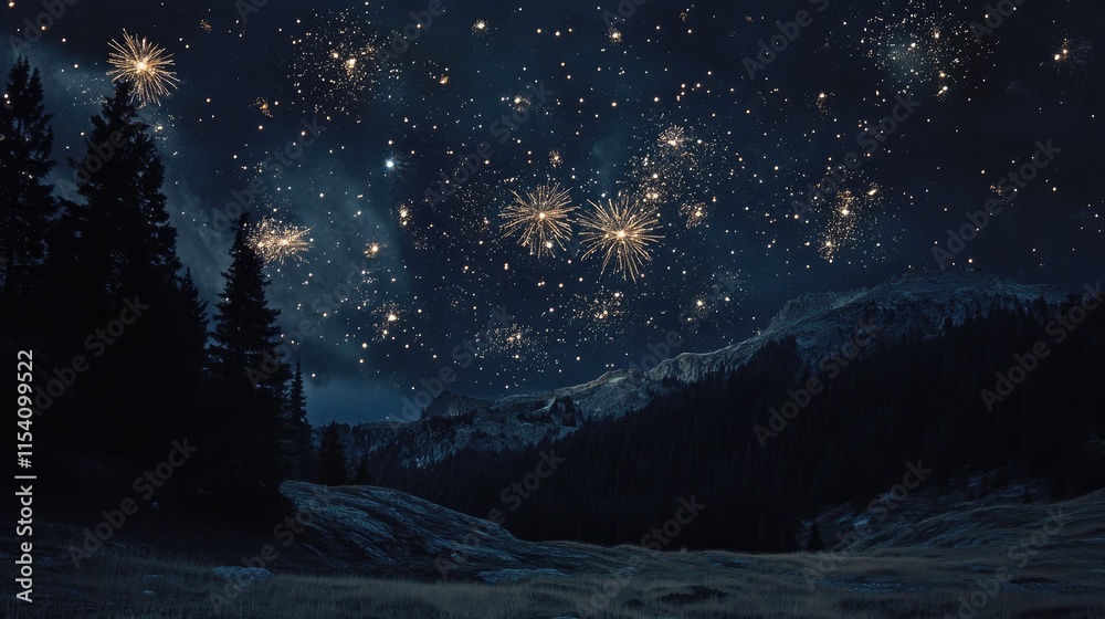 Poster night sky illuminated by vibrant fireworks above a serene landscape with mountains and trees creatin
