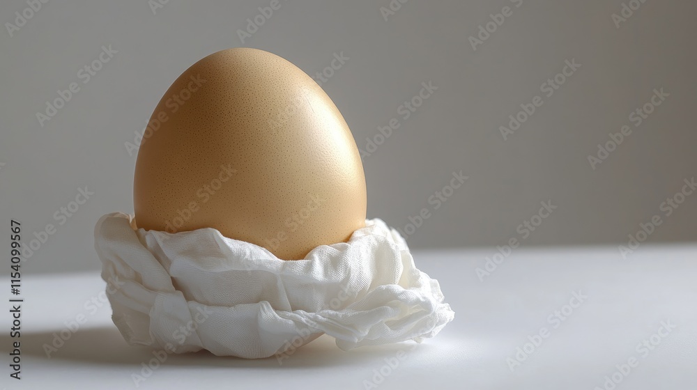 Poster ostrich egg delicately placed in a diaper on a minimalist white background highlighting unique textu